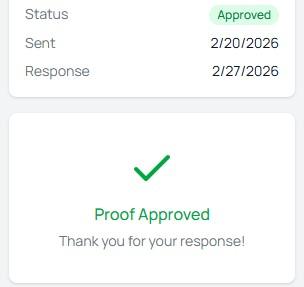 Proof approval workflow showing customer response