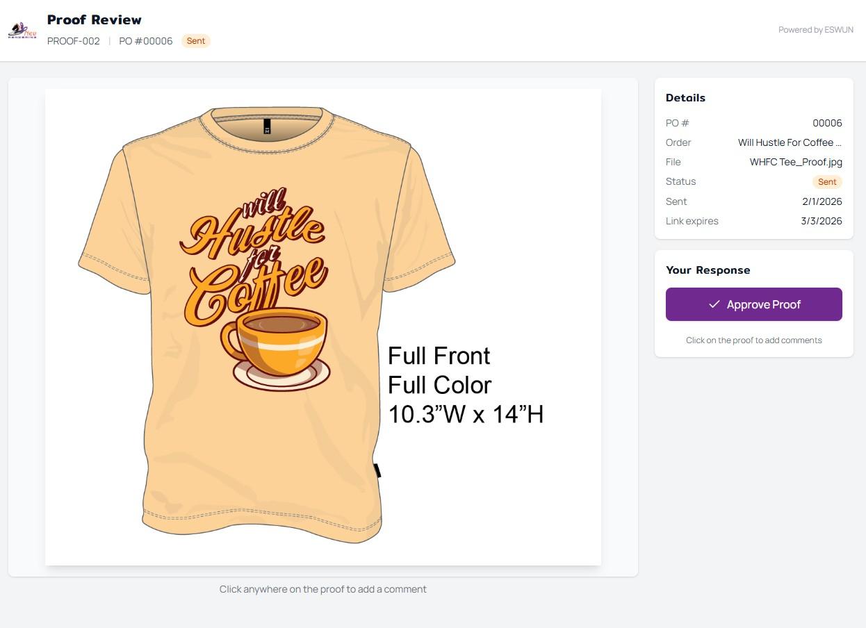 ESWUN proof approval screen on desktop